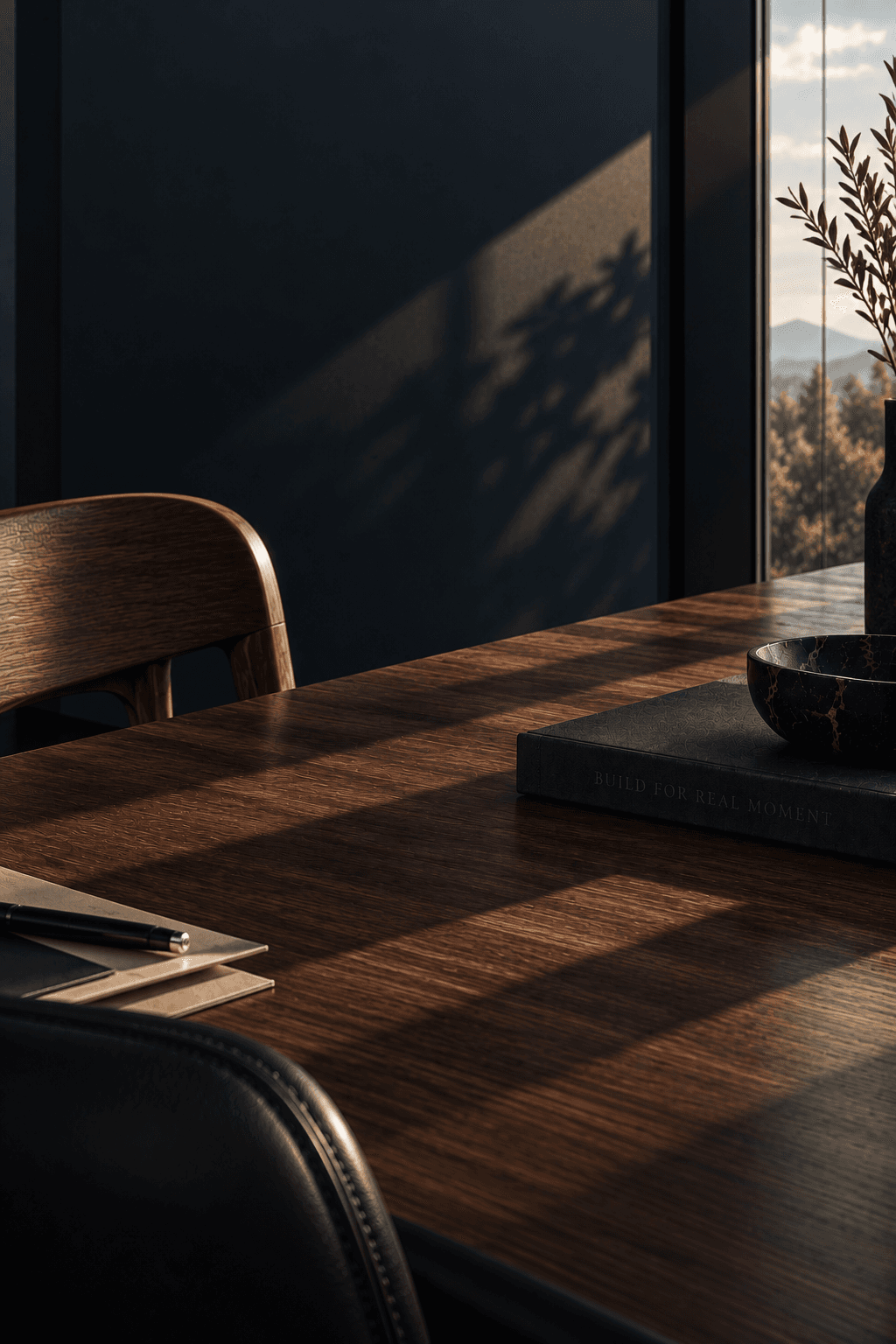 Table en chêne dans la lumière du soir, un carnet et un stylo posés devant la fenêtre